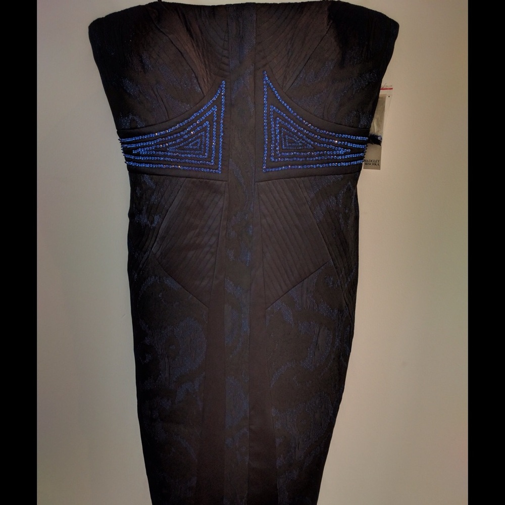 Badgley Mischka Black Strapless Dress with Blue Beaded Accents